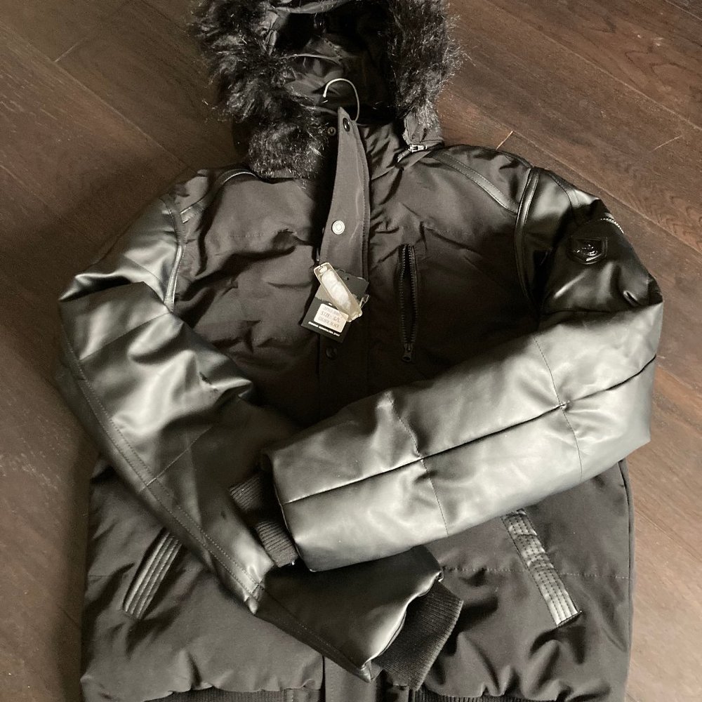 Denium District: Hood Jacket, Soft Leatherlike Sleeves & Faux Fur Trim - black - Picture 1 of 13